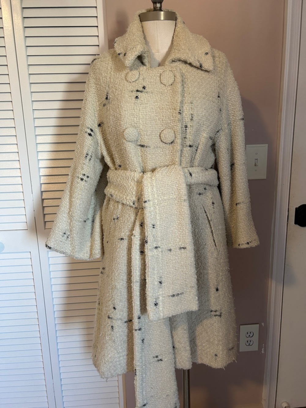 Walter Baker Tweed Cream Textured Double Breasted Belted Coat Speckle Detail